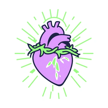 A representation of the "Sacred Heart of Jesus" is centered in the image. The heart is depicted with realistic anatomical details, surrounded by flames that signify divine love. The heart is prominently adorned with a "crown of thorns" that encircles it, highlighting the contrast between the suffering and the sacred. Radiating light surrounds the heart, emphasizing its importance. A soft halo is visible above the heart, adding to its reverence. The background is minimalistic to focus on the heart's details.