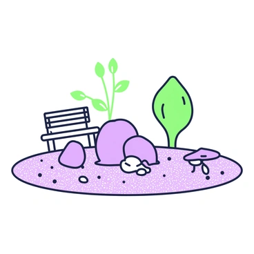 A zen garden featuring a meticulously raked area of fine gravel. In the center, there are several large stones arranged in perfect balance, showcasing their natural shapes. Small pebbles surround the large stones, creating a harmonious layout. There is a delicate wooden bench positioned nearby, allowing for contemplation of the garden. In the background, a lush green plant can be seen, adding to the serene environment.