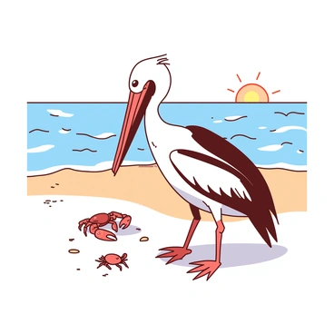 A brown pelican is standing on the sandy beach, its head tilted slightly as it curiously watches a small crab scuttling across the surface. The pelican has its wings slightly open, showcasing its large wingspan, while its long beak is pointed toward the crab. The crab has a shiny shell and is moving quickly on its tiny legs. In the background, gentle waves of the ocean are lapping at the shore, and the sun is shining brightly, casting soft shadows on the sand.