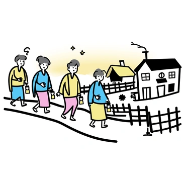 A small village at dusk, with dim light illuminating the scene. Several villagers are walking along a winding path, wearing traditional attire that consists of colorful tunics and patterned shawls. Each villager is carrying a lantern that emits a warm glow, casting soft shadows on the ground. The architecture of the village is charming, with small thatched-roof houses and wooden fences lining the path. Delicate wisps of smoke rise from chimneys, hinting at evening meals being prepared inside. The sky transitions from orange to deep blue, inviting the first stars to appear.