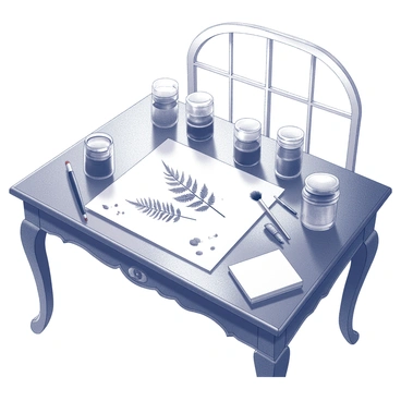 A vintage illustrator's table made of polished wood with intricate carvings. The surface is cluttered with several glass ink pots, some opened and others tipped slightly, revealing splatters of black ink. Scattered across the table are various sketches of ferns, showcasing detailed linework and shading. A few brushes with frayed bristles rest nearby, and a small stack of blank parchment sits to one side. The background features a softly illuminated window, casting gentle shadows across the scene.