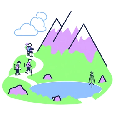 An isometric mountain landscape features towering peaks with jagged edges and lush valleys below. In the scene, several hikers are visible along a winding trail that weaves through the terrain, leading upwards into the mountains. The hikers are dressed in outdoor gear, with backpacks and hats, enjoying their ascent. Nestled in the foreground, there is a tranquil lake reflecting the mountains' contours. Surrounding the lake, there are patches of greenery and a few rocks scattered along the water's edge. The sky above is clear with a few fluffy clouds drifting.