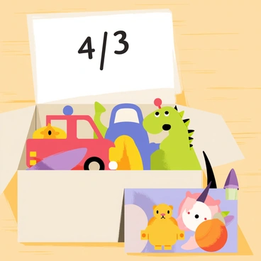A closed cardboard box is filled with four colorful toys, including a red fire truck, a blue robot, a green dinosaur, and a yellow teddy bear. Next to it, there is another box containing three toys: a purple spaceship, an orange ball, and a pink unicorn. Above the boxes, the fraction "4/3" is prominently displayed in bold letters. The scene is arranged on a wooden surface, and a soft light highlights the toys' vibrant colors.