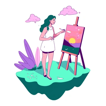 An artist is standing on a teal floating island, holding a brush in one hand while the other rests on a wooden easel. The canvas on the easel displays a vibrant scene of a sunset with shades of orange and yellow blending together. Surrounding the island, colorful clouds in pink and purple hues drift lazily, creating a dreamy atmosphere. The artist wears a white smock, and there are splatters of paint on the ground beneath them. A gentle breeze causes the artist's hair to sway slightly as they concentrate on capturing the beauty of the sunset.