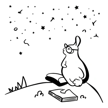 A wise-looking hare wearing round glasses is sitting on a grassy hill, gazing up at a sky filled with stars and visible constellations. The hare is positioned in profile, with its ears perked up attentively. Next to the hare is an open book lying on the ground, its pages slightly ruffled by a gentle breeze. The surrounding landscape includes small patches of grass and a few scattered rocks, creating a tranquil scene. The constellations above are prominently displayed, adding to the atmosphere of quiet contemplation.