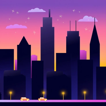 A cityscape at twilight featuring tall buildings with sharp edges and varying heights. The buildings are in silhouette, standing against a vibrant sky filled with shades of purple, pink, and orange. Soft clouds are scattered across the sky, reflecting the colorful hues. A few stars are beginning to twinkle in the darkening sky, adding to the atmosphere of the scene. The streets below are illuminated by glowing streetlights and the faint outlines of cars can be seen, creating a bustling urban environment.