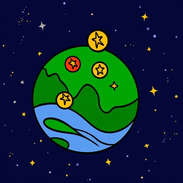 A detailed view of a distant planet from space, showcasing its vibrant surface features such as mountains, oceans, and valleys. Scattered across the planet's surface are several "Dragon Balls," glowing orbs with distinctive star patterns, their colors ranging from bright orange to shimmering gold. The planet is surrounded by a backdrop of deep space with twinkling stars and distant galaxies, creating a sense of vastness and wonder. The curvature of the planet is visible, giving an impression of its spherical shape.