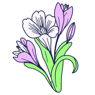 A freesia flower is illustrated in a detailed pencil sketch. The flower features several delicate petals with intricate veining, arranged in a spiral pattern. The sketch captures the subtle curves and contours of the petals, showcasing their soft texture. There are multiple buds and leaves surrounding the flower, each with distinct shapes and shading that emphasize their form. The shading varies to create depth, highlighting the light and shadow across the petals and leaves.