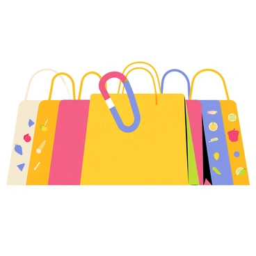 A colorful carabiner with a shiny metallic finish is shown clamping tightly onto the handles of a collection of reusable grocery bags. The grocery bags are of various bright colors and patterns, featuring designs such as fruits, vegetables, and geometric shapes. The carabiner is positioned prominently in the center, showcasing its functionality. The reusable bags appear to be made of sturdy fabric, ready for shopping trips.
