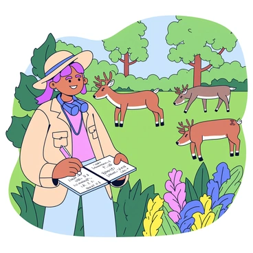 A wildlife biologist is standing in a lush green forest, wearing a light-colored field jacket and a wide-brimmed hat. She is observing a group of deer grazing nearby, with her binoculars hanging around her neck. In her hands, she holds an open notebook, filled with notes and formulas for population studies, alongside a pencil. Sunlight filters through the tree leaves, casting dappled shadows on the ground. Various plants and flowers surround her, creating a rich backdrop of vibrant colors.