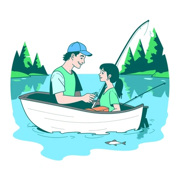 A teal Bella Swan is sitting in a small white boat with her father Charlie, who is wearing a blue fishing hat. They are both holding fishing rods, poised to catch fish in the calm, reflective water of the lake. Bella is wearing a light-colored shirt and has her hair pulled back in a ponytail. Charlie has a warm smile as he looks at her, and there is a small orange tackle box resting between them. In the background, there are green trees framing the serene lake scene, enhancing the peaceful atmosphere of their afternoon together.