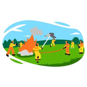 A team of firefighters in bright yellow uniforms is actively battling flames from a helicopter crash in an open field. The helicopter is depicted with smoke billowing from its fuselage, and the bright orange flames are licking upwards. Several firefighters are using hoses to direct streams of water towards the fire, while others are coordinating their efforts and setting up safety barriers. The open field is dotted with green grass and a clear blue sky in the background, making the scene vivid and dynamic. A few trees can be seen in the distance, contrasting with the urgency of the firefighting effort.