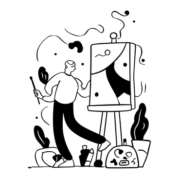 A painter standing in front of a large canvas, holding a paintbrush in one hand. The canvas displays abstract shapes and patterns. Swirling forms surround the artwork, creating an illusion of movement and energy. The painter is focused on their work, with an easel next to them and a palette with various paint splotches at their feet. There are paint tubes scattered on the ground and brushes in a jar nearby.