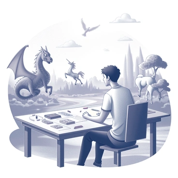 An illustrator is seated at a large wooden drawing table, surrounded by sketches and reference materials. The workspace is filled with various tools, including pencils, erasers, and ink pens. The illustrator is focused on creating a magical fantasy world that features a diverse array of mythical creatures. 

In one corner of the illustration, there is a towering dragon, its scales detailed and imposing, with wings partially spread. Nearby, a graceful unicorn stands with its mane flowing, showcasing intricate hoof designs. A phoenix can be seen in the background, its feathers detailed as it takes flight. 

The atmosphere is lively, with a landscape full of whimsical trees and vibrant foliage. A sparkling river runs through the scene, reflecting the mythical elements surrounding it. Clouds with various shapes hover above, adding to the enchanting feel of the setting, while the illustrator's expressions of concentration capture the creative process.