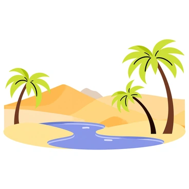 A desert oasis with vibrant green palm trees swaying gently in the breeze. The oasis features a small, tranquil pond with crystal clear water reflecting the blue sky. Surrounding the pond are soft, golden sands that contrast with the lush greenery. In the background, distant sand dunes rise against the horizon, completing the serene desert landscape.