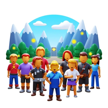 A group of avatars gathered in a vibrant virtual world. Each avatar is distinct, showcasing a variety of colors and designs. Some avatars are humanoid, while others are fantastical creatures, equipped with unique accessories and weapons. In the background, a detailed landscape features towering mountains, lush forests, and glowing structures. The avatars are positioned in dynamic poses, exuding excitement and camaraderie as they prepare for a digital quest. "Let's go on an adventure!" is displayed above the gathering, capturing the spirit of teamwork.