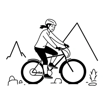 A mountain biker is riding a bicycle over a rocky trail. The biker is wearing a helmet and protective gear, with a focused expression on their face. The bike has thick tires designed for rough terrain. The trail is surrounded by sharp rocks and sparse vegetation. In the background, rugged mountains rise against the sky, which is left blank to emphasize the sunny conditions of the scene.