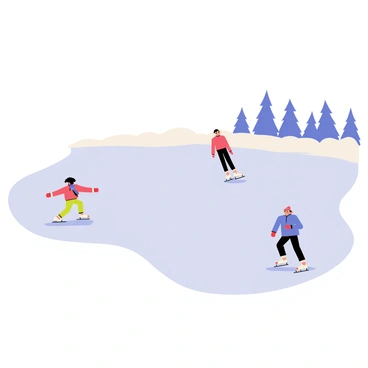 A frozen lake with a smooth, shiny ice surface reflecting the sky. Several ice skaters are gracefully gliding across the lake, wearing colorful winter clothing. One skater, wearing a bright red jacket, is performing a spin, while another skater in a blue outfit is practicing a jump. In the background, snow-dusted trees line the edge of the lake, completing the winter scene.