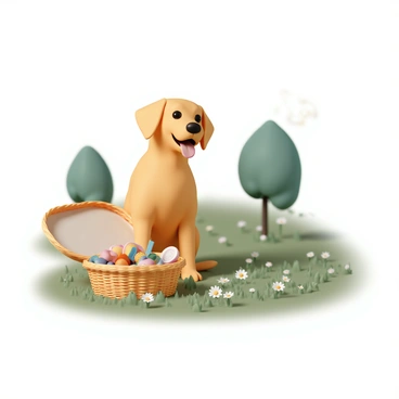 A yellow Labrador, with a shiny coat and bright eyes, is sitting happily next to a wicker picnic basket. The basket is open and filled with a variety of colorful fruits and snacks. The setting is a sunny meadow, with lush green grass and a few wildflowers scattered throughout. Gentle sunlight casts soft shadows, and in the background, there are a few trees providing a sense of tranquility. The Labrador has its tongue out and looks content, embodying the joy of a perfect picnic day.