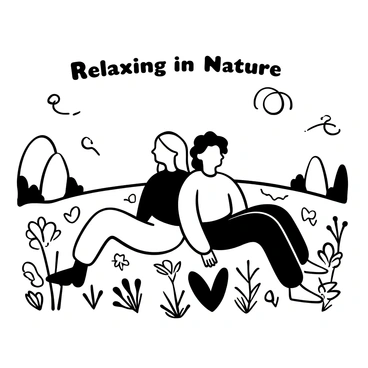 Android 18 and Android 17 sitting back-to-back on soft grass in a meadow filled with various flowers. Android 18 has long hair and is wearing a fitted outfit, while Android 17 is dressed in a casual style. The sun is casting gentle shadows across the ground, and a few butterflies are fluttering around them. In the background, there are distant trees and a clear horizon. The words "Relaxing in Nature" are displayed above them.