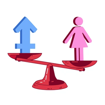 A red scale is positioned in the center, delicately balancing two symbols. On the left side of the scale, there is a blue male symbol, while on the right side, a pink female symbol rests in perfect equilibrium. The symbols are large and bold, clearly defined against the backdrop. The scale itself has intricate details, reflecting a sense of craftsmanship and care. The setting is minimalistic, ensuring the focus remains on the scale and the symbols, highlighting the theme of equality.