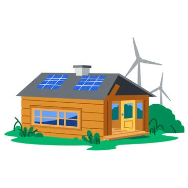A high-tech shelter made from various salvaged materials, featuring an exterior composed of wood, metal panels, and glass. The shelter has multiple solar panels mounted on the roof, which catch the sunlight, and two wind turbines spinning gently in the background. Surrounding the shelter are patches of green grass and small trees, creating a contrast between nature and technology. The entrance to the shelter is framed by a wooden porch, and there are large windows that reflect the landscape.