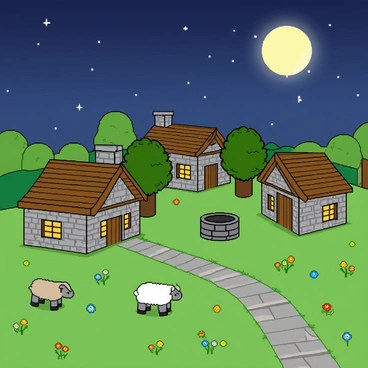 A vibrant Minecraft village set under a bright full moon that casts soft light over the landscape. The village consists of several blocky houses made of wood and cobblestone, each with pixelated windows glowing with warm yellow light. There is a grassy path winding through the village, leading to a small well in the center, surrounded by a few tall oak trees. The moon hangs low in the starry sky, illuminating the colorful blocky flowers scattered around the village. A couple of pixelated sheep graze peacefully in the nearby fields, adding life to the scene.