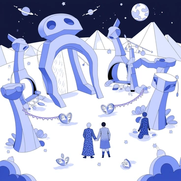 An alien festival takes place on a distant planet, showcasing a variety of unique decorations that resemble strange, organic shapes and structures. There are towering sculptures made of translucent materials, emitting an otherworldly glow. The ground is covered with unusual plants that have whimsical forms, and intricate light displays are scattered throughout the area, pulsating in synchronized patterns. Extraterrestrial beings of various shapes and sizes mingle, wearing elaborate, textured garments that reflect the ambient light. Colorful banners and ornaments hang from the structures, creating a festive atmosphere. Above, a sky filled with unusual celestial formations adds to the surreal surroundings.