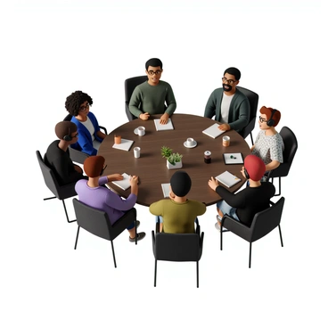 A roundtable covered with a dark wooden surface, surrounded by a group of diverse individuals engaged in a lively discussion. There are three clients and three illustrators present. The clients include a woman with curly black hair wearing glasses and a blue blouse, a man with light skin and a beard dressed in a green sweater, and a woman with dark skin and short hair wearing a patterned dress. The illustrators include a man with medium skin tone and tattoos wearing a graphic t-shirt, a woman with red hair in a bun wearing oversized headphones, and a person with glasses and colorful hair wearing a black hoodie. They are all animatedly exchanging ideas, with sketches and notebooks scattered on the table. There are coffee mugs and a small potted plant on the table, adding to the creative atmosphere.