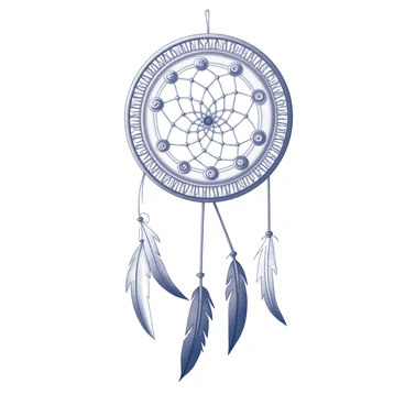 A dreamcatcher featuring a circular frame adorned with intricate patterns. The web inside the circle has a symmetrical design, skillfully woven with spirals and knots. Below the circle, several long feathers hang gracefully, each one detailed with delicate patterns. The overall design is rich in texture, showcasing the artistry of mehendi-style illustrations.