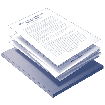 A stack of legal documents placed neatly on a wooden table. Each document is labeled with the title “Brown v. Board of Education” at the top. The papers are organized in a slightly fanned-out manner to showcase their edges, with some pages visibly marked with annotations or notes in the margins. The rich grain of the wooden table adds texture to the scene, and the lighting creates soft shadows around the stack, emphasizing the importance of the documents.