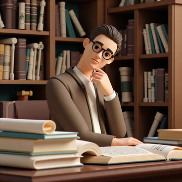 A historian, wearing glasses and a brown tweed jacket, stands in a grand library filled with tall wooden bookshelves lined with ancient scrolls. They are holding a pen thoughtfully to their chin, contemplating their research. The historian has short, neatly combed hair and a focused expression. The surrounding scrolls are beautifully aged, some partially unrolled to reveal intricate handwriting. Soft, warm lighting illuminates the room, casting gentle shadows on the rich mahogany table in front of the historian, which is cluttered with open books and notebooks.