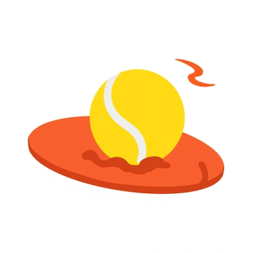 A bright yellow tennis ball is bouncing on a reddish-brown clay court. As it hits the surface, a small cloud of dust is kicked up behind it, forming a gentle swirl of particles. The court's texture is visible, with fine grooves and a slightly uneven surface. The ball is mid-air, showcasing its motion, while the dust cloud adds a dynamic element to the scene.