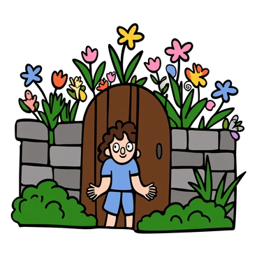 A hidden garden enclosed by an old, moss-covered stone wall. Bright flowers in various colors bloom throughout the garden, and lush green plants create a vibrant atmosphere. A curious child with light skin and big eyes is peeking through a crack in the tall wooden gate. The child has curly brown hair and is wearing a blue t-shirt and denim shorts. The expression on the child's face shows wonder and excitement as they gaze into the enchanting garden.