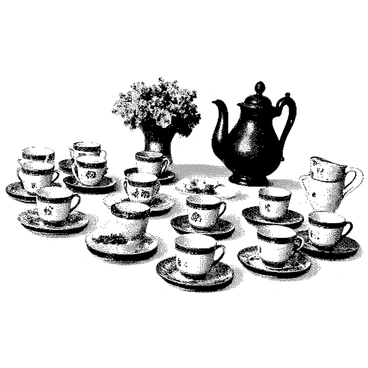 A table is set for a tea party, featuring a "teapot" and "teacups" arranged neatly on a white tablecloth. The teapot is ornate, with a curved spout and a decorative lid. Surrounding the teapot are "teacups" with matching saucers, each displaying intricate patterns. The table also has a small dish with "scones" and a "vase" filled with fresh flowers. The setting conveys a charming and inviting atmosphere, perfect for a delightful gathering.