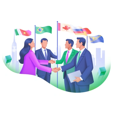 A group of delegates shaking hands at a global summit, emphasizing collaboration and unity. Each delegate is dressed in formal attire, displaying a mix of traditional and modern styles. In the background, various national flags are prominently displayed, representing different countries. The scene conveys a sense of professionalism and diplomacy, with smiles on the delegates’ faces as they engage in conversation while shaking hands. The setting is well-lit, highlighting the significance of the event.