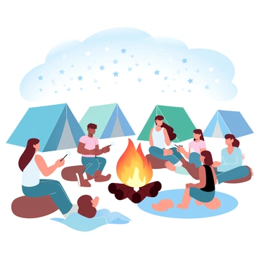 A group of people is gathered around a campfire with bright orange flames crackling and glowing. Several tents are set up in the background, each in different colors, such as blue and green, with their flaps slightly open. The night sky above is filled with countless stars twinkling brightly, creating a beautiful backdrop. Some people are sitting on logs, roasting marshmallows on sticks, while others are lying on blankets, gazing at the stars. The scene conveys a sense of adventure and camaraderie in the great outdoors.