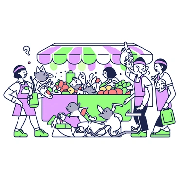A group of skaven is seen causing chaos in a bustling market. Several skaven, with exaggerated features such as long tails and pointed ears, are scurrying between stalls, collecting various types of food. One skaven is holding a loaf of bread, while another has a wheel of cheese. Nearby, a skaven climbs up a fruit cart, toppling apples onto the ground. Townsfolk, displaying a mix of shock and fear, are stepping back from the skaven. Some are pointing, while others are trying to protect their goods. In the background, colorful market stalls are filled with fruits, vegetables, and various goods, creating a lively atmosphere.