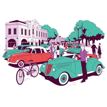 A vibrant scene of a bustling street from the past, filled with vintage cars in shades of teal and red. Classic bicycles are parked along the sidewalks, their frames sleek and well-maintained. People dressed in period clothing are walking along the street, some stopping to admire the cars and others engaged in conversation. The buildings lining the street have ornate facades, showcasing architectural details typical of the era. Street lamps provide soft lighting, and a few trees with lush foliage are seen in the background, adding life to the scene.