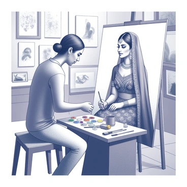 An artist is focused on a canvas, capturing the essence of a modern Indian bride. The artist is using a palette of vivid paint, with brushes positioned nearby. The bride, adorned in intricate traditional attire with elaborate jewelry, sits gracefully, showcasing her elegance. The studio is bright and filled with various art supplies and sketches. The walls are lined with works in progress, further enriching the creative atmosphere. The scene conveys a deep sense of concentration and artistry.