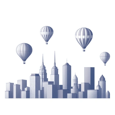 A city skyline filled with towering buildings of various architectural styles, showcasing their unique shapes and sizes. The foreground features several hot air balloons, each with distinct patterns and designs, floating gracefully in the sky. The balloons are depicted with intricate details, showcasing their fabric textures and rope attachments. The overall composition captures the vibrant urban atmosphere, with the towering structures framing the scene and the balloons adding a sense of movement and liveliness above.