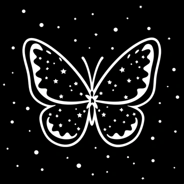 A series of stars arranged to form the outline of a butterfly, with large, intricate wings that appear to shimmer. The stars are connected by thin lines that highlight the delicate patterns of the wings. The background is a vast expanse of space, dotted with smaller stars, creating a sense of depth and wonder. The butterfly's body is formed by a cluster of brighter stars at the center, anchoring the constellation.