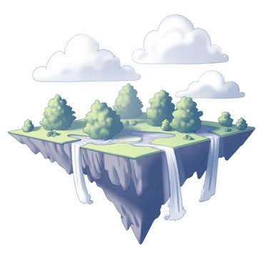 A fantastical floating island in the sky with waterfalls cascading down