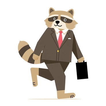 A raccoon wearing a snug, cute business suit with a tiny tie. The raccoon is confidently walking on two legs, carrying a small, black briefcase in its right paw. Its left paw is slightly raised, giving an impression of determination. The raccoon's eyes are bright and expressive, showcasing a sense of purpose as it strolls forward. The scene has a clean, simple background that emphasizes the raccoon and its business attire.