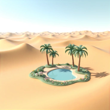 A vibrant oasis surrounded by endless rolling sand dunes in a vast desert. The oasis features several tall, green palm trees with lush fronds swaying gently in the breeze. A small, clear pond sits at the center, reflecting the bright blue sky above. The pond is surrounded by patches of green grass and colorful flowers, adding to the lively scene. The sunlight casts warm shadows on the sand, highlighting the textures and contours of the dunes.