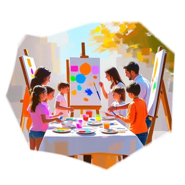 A vibrant community art event takes place in a sunny outdoor setting, where families of various backgrounds are gathered, painting together on large canvases. Some children are happily dipping their brushes into colorful paints, while parents assist and encourage them. Various canvases are set up on easels, showcasing a mixture of bright colors and imaginative designs. In the background, a table displays an array of paint supplies, including brushes, palettes, and cups of water. The atmosphere is filled with laughter and creativity as people interact and share artistic ideas.