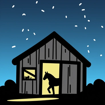 A wooden stable stands under a vast night sky filled with stars. The stable's weathered wood gives it a rustic charm, and a warm golden light is spilling from an open door, illuminating the area around it. The door is slightly ajar, revealing the interior where hints of hay and a silhouette of a horse can be seen. The surrounding landscape is dark, contrasting with the soft glow, while twinkling stars dot the clear sky above.