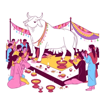 A large white statue of Nandi, the sacred bull, stands prominently at the center of a traditional ceremony. Devotees are gathered around the statue with their hands clasped together in prayer. Some devotees are wearing bright colored traditional garments, and others are holding offerings such as flowers and fruits. The atmosphere is filled with intricately decorated ritual items, including small lamps with flickering flames positioned around the statue. The background features colorful banners and garlands, enhancing the festive mood of the ceremony.