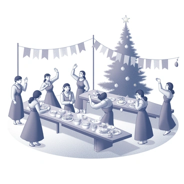 A scene capturing a seasonal celebration in a village setting. Villagers are gathered, dressed in traditional clothing, engaging in festive activities. There are rustic decorations adorning the area, including handmade banners and garlands. Some villagers are dancing joyfully, while others are preparing food at long wooden tables filled with various dishes. A large tree stands prominently in the background, adorned with colorful ornaments. The atmosphere is lively, filled with smiling faces and energy as the villagers celebrate together.
