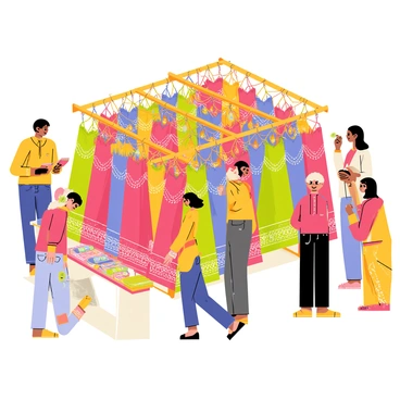 A bustling Indian market stall filled with an array of colorful lehengas hanging on wooden racks. The lehengas are vibrant, featuring intricate embroidery and patterns in shades of red, blue, green, and yellow. There are decorative tassels hanging from the lehengas, adding to their appeal. The stall is surrounded by customers, some examining the garments while others discuss prices. Various accessories, such as bangles and scarves, are displayed on a small table at the front of the stall. The atmosphere is lively, with people chatting and vendors calling out to attract shoppers.